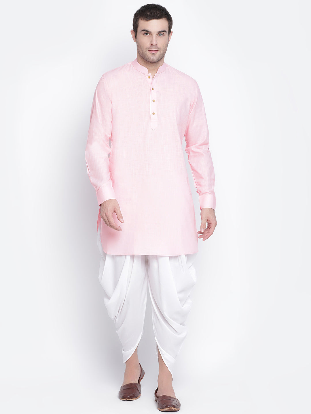 Sarvati Men's Pink And White Cotton Blend Dhoti Kurta Set