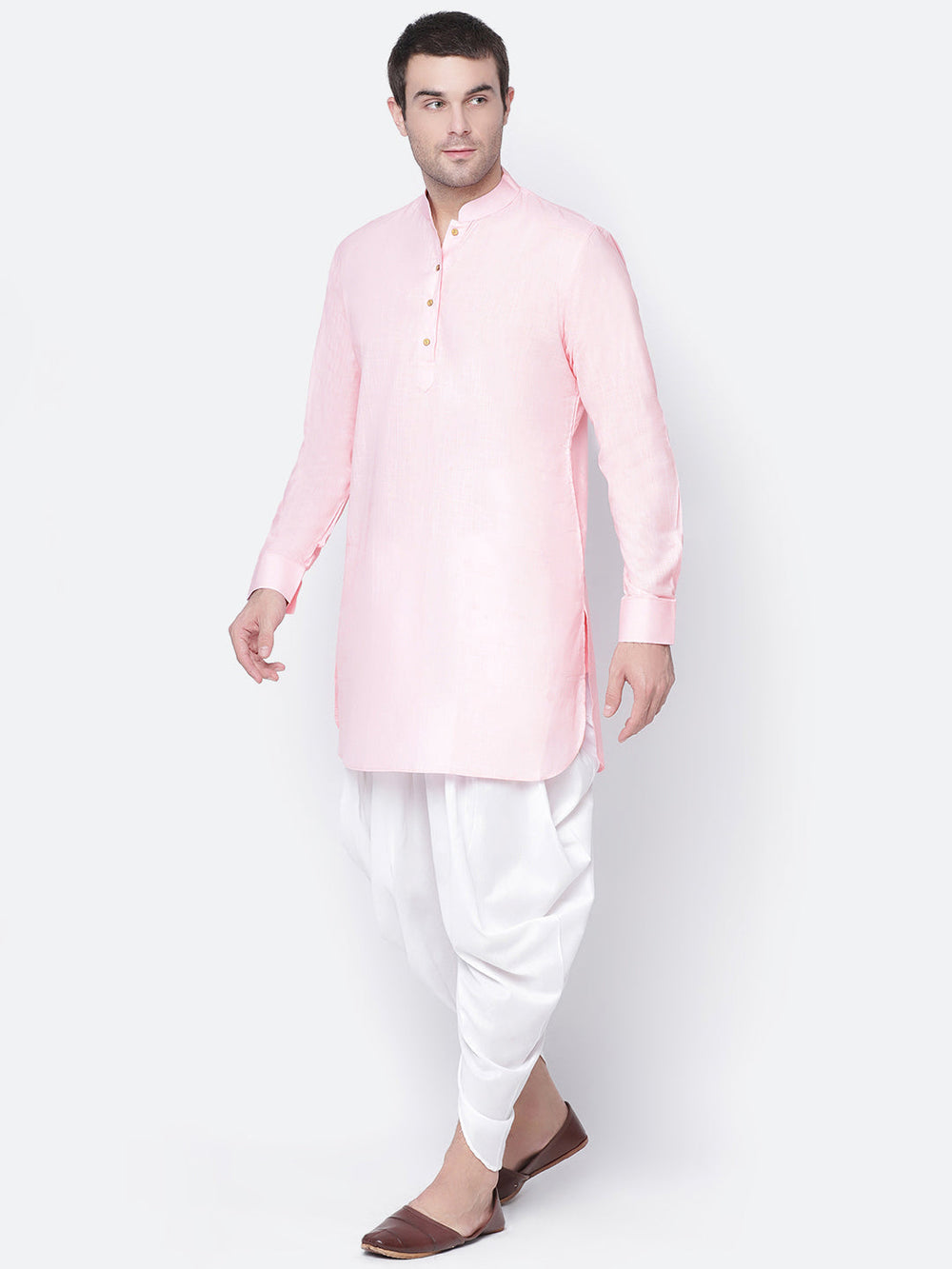 Sarvati Men's Pink And White Cotton Blend Dhoti Kurta Set