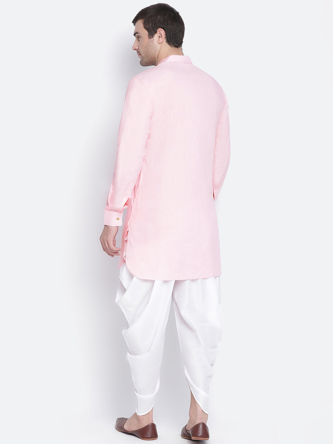 Sarvati Men's Pink And White Cotton Blend Dhoti Kurta Set