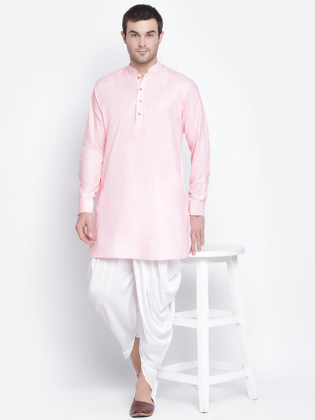 Sarvati Men's Pink And White Cotton Blend Dhoti Kurta Set