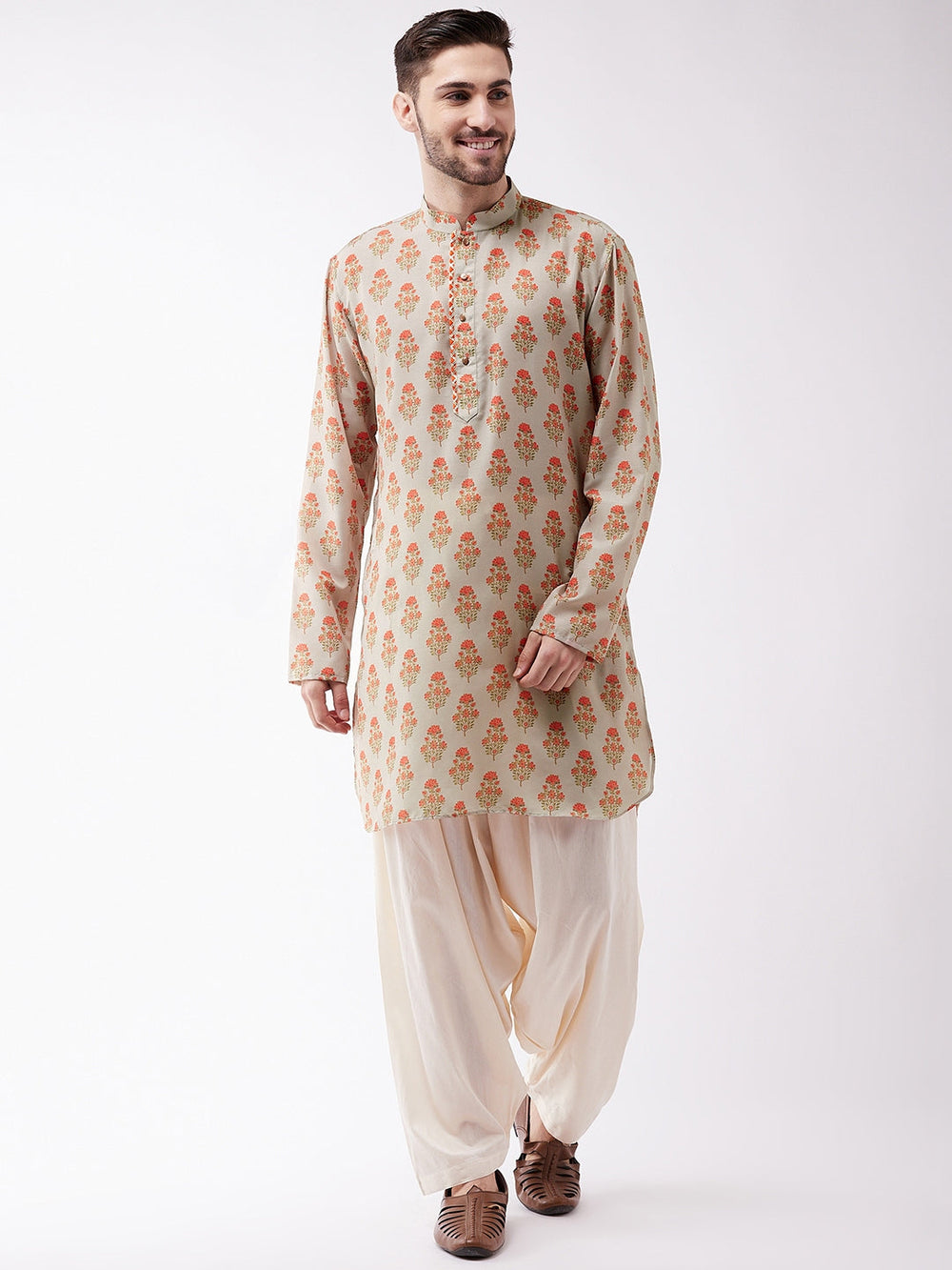 Sarvati Men's Multicolor-Base-Beige And Cream Muslin Cotton Kurta and Patiala Set