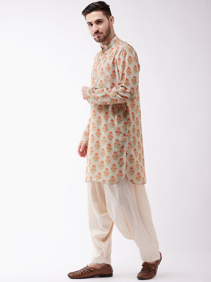 Sarvati Men's Multicolor-Base-Beige And Cream Muslin Cotton Kurta and Patiala Set