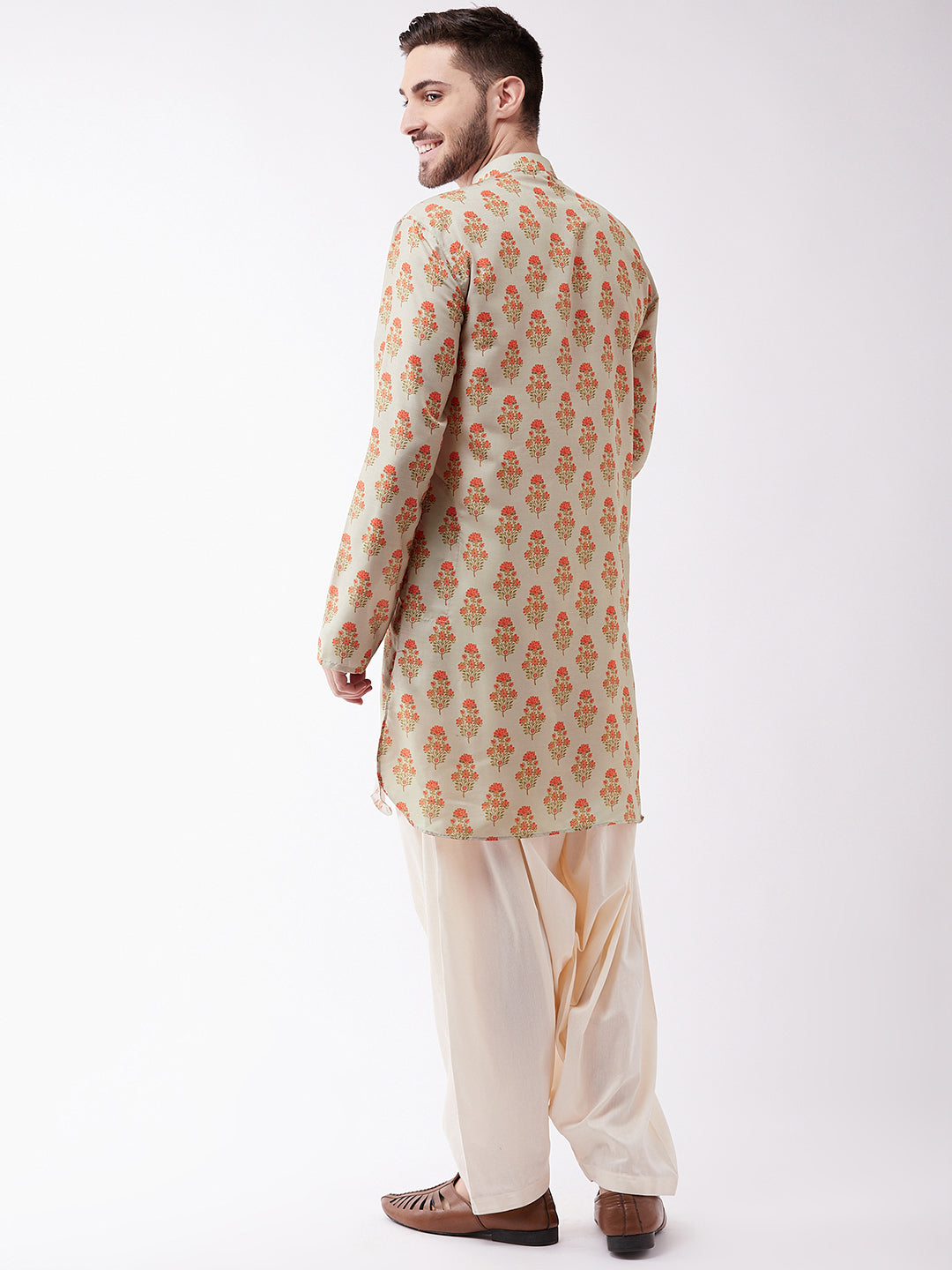 Sarvati Men's Multicolor-Base-Beige And Cream Muslin Cotton Kurta and Patiala Set