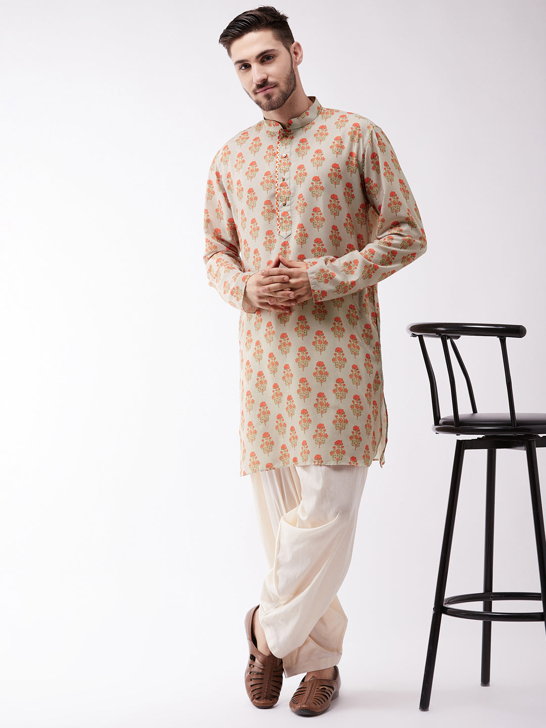 Sarvati Men's Multicolor-Base-Beige And Cream Muslin Cotton Kurta and Patiala Set