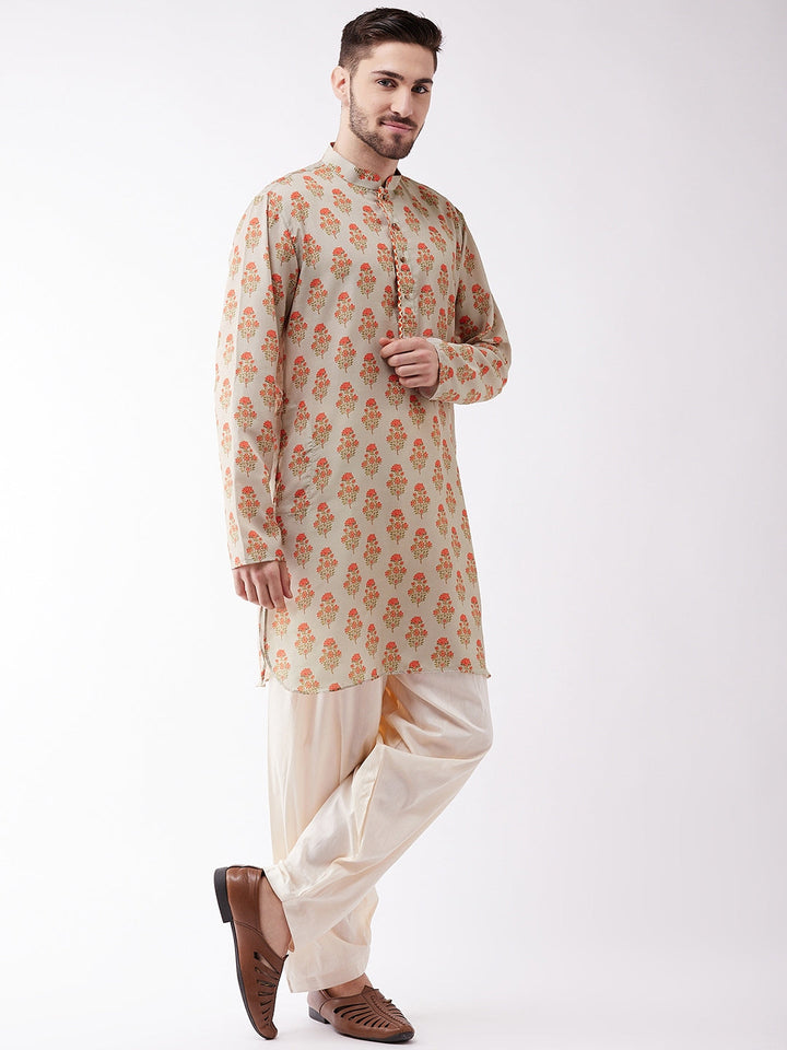 Sarvati Men's Multicolor-Base-Beige And Cream Muslin Cotton Kurta and Patiala Set