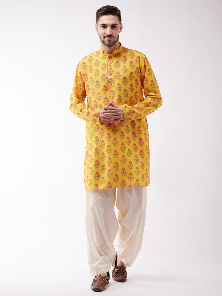 Sarvati Men's Multicolor-Base-Mustard And Cream Muslin Cotton Kurta and Patiala Set