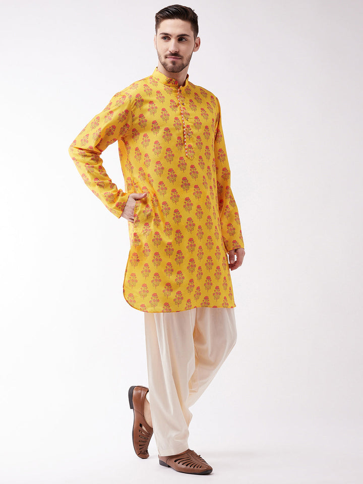 Sarvati Men's Multicolor-Base-Mustard And Cream Muslin Cotton Kurta and Patiala Set