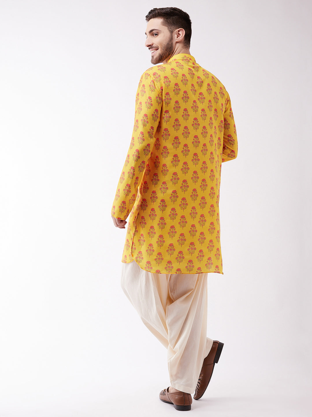 Sarvati Men's Multicolor-Base-Mustard And Cream Muslin Cotton Kurta and Patiala Set