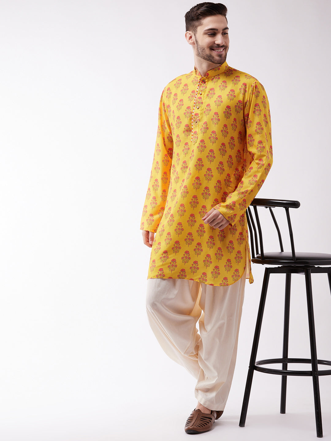 Sarvati Men's Multicolor-Base-Mustard And Cream Muslin Cotton Kurta and Patiala Set