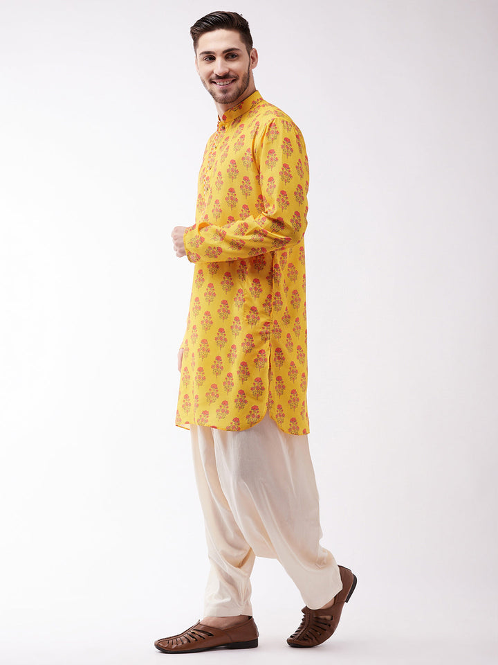 Sarvati Men's Multicolor-Base-Mustard And Cream Muslin Cotton Kurta and Patiala Set