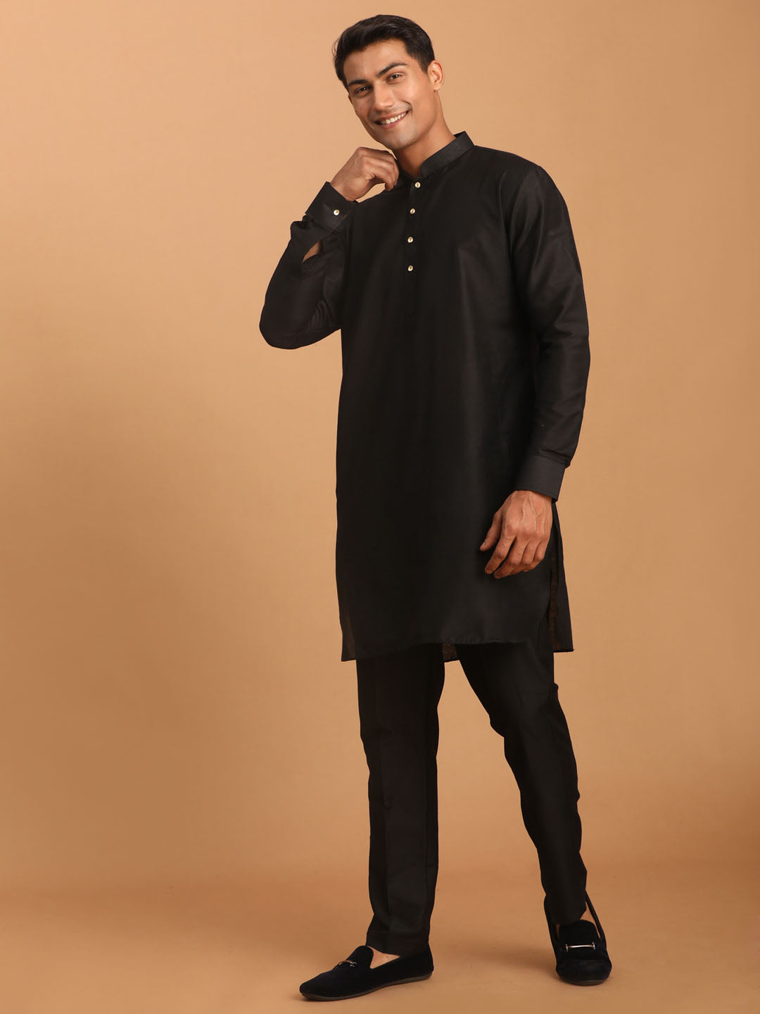 Sarvati Men's Black Silk Blend Curved Hem Kurta With Pant Set