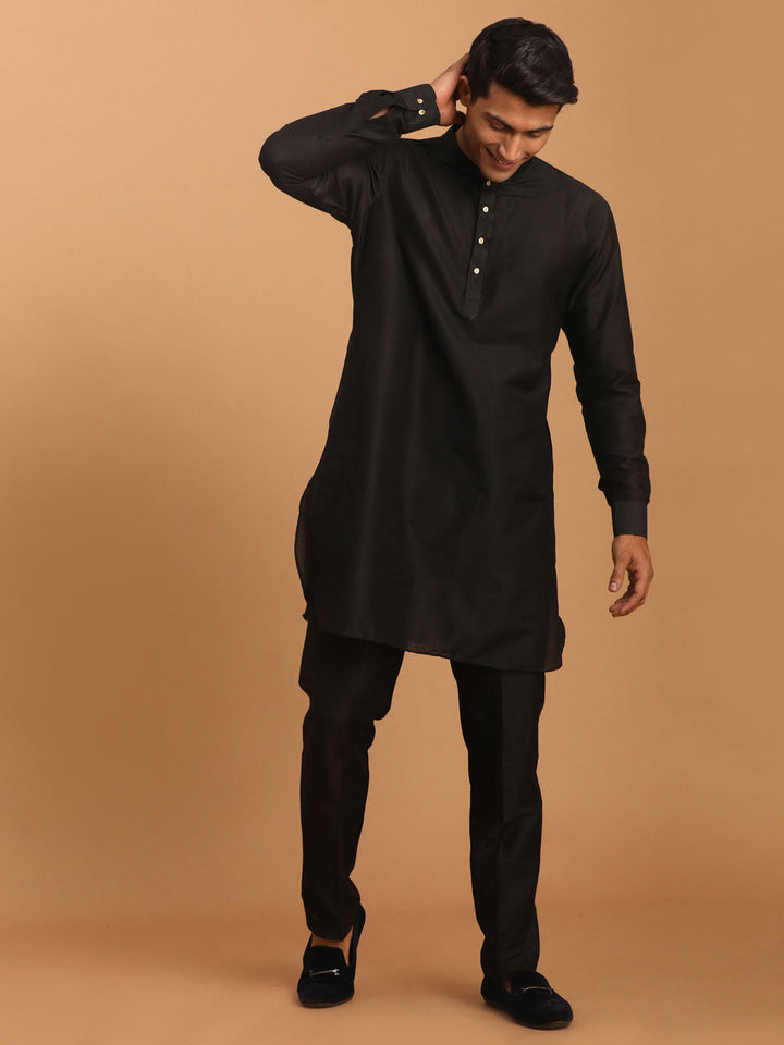 Sarvati Men's Black Silk Blend Curved Hem Kurta With Pant Set