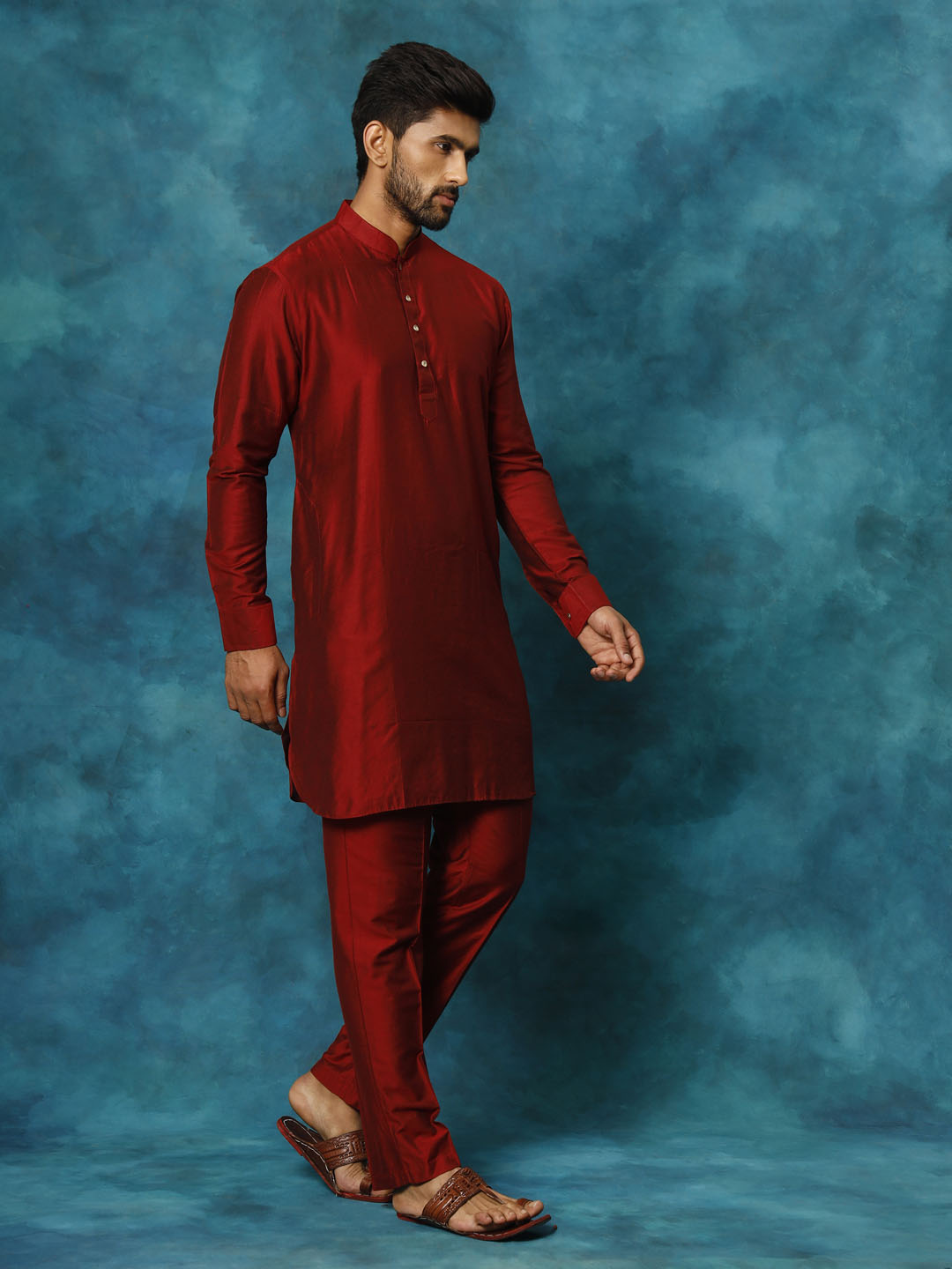 Sarvati Men's Maroon Viscose Kurta Pyjama Set