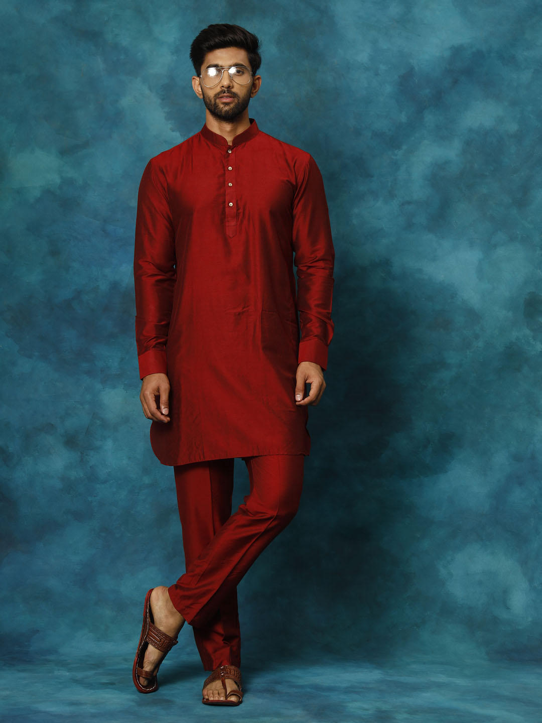 Sarvati Men's Maroon Viscose Kurta Pyjama Set