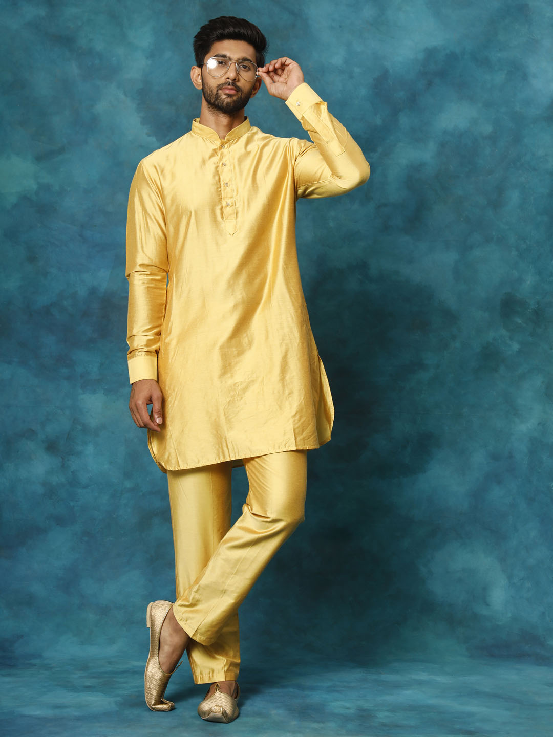 Sarvati Men's Mustard Viscose Kurta Pyjama Set