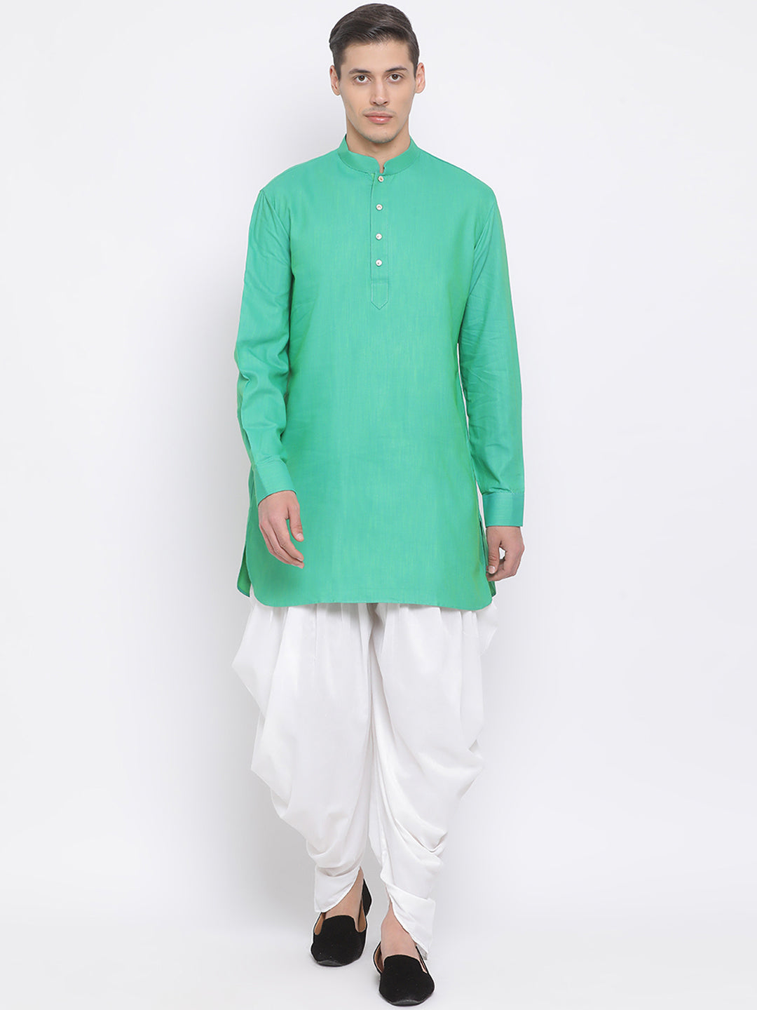 Sarvati Men's Green Cotton Blend Kurta and White Dhoti Set