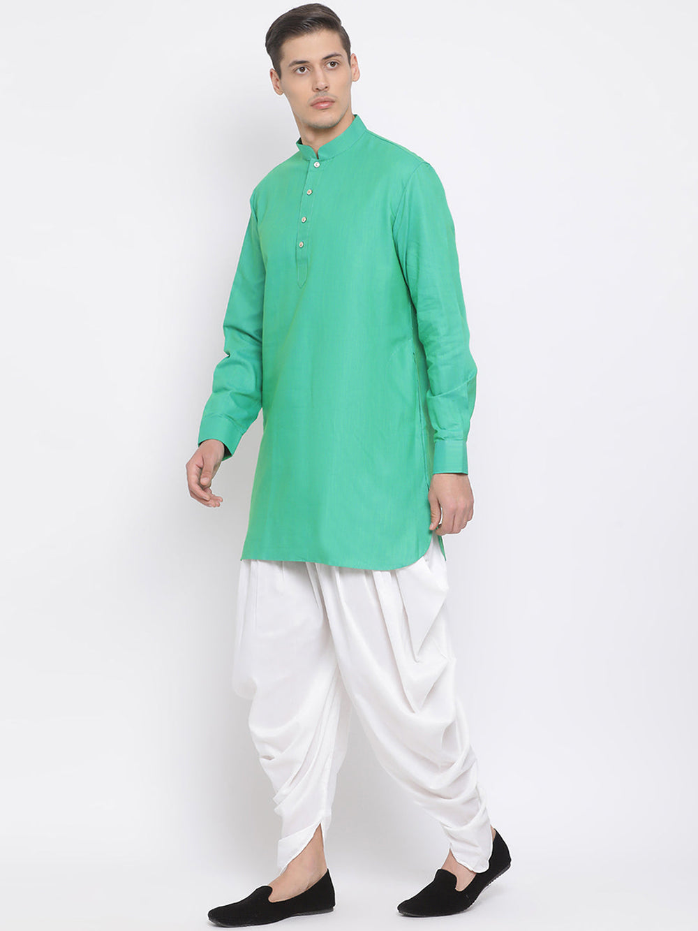 Sarvati Men's Green Cotton Blend Kurta and White Dhoti Set