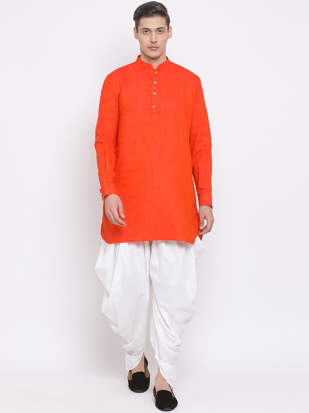 Sarvati Men's Red Cotton Blend Kurta and White Dhoti Set