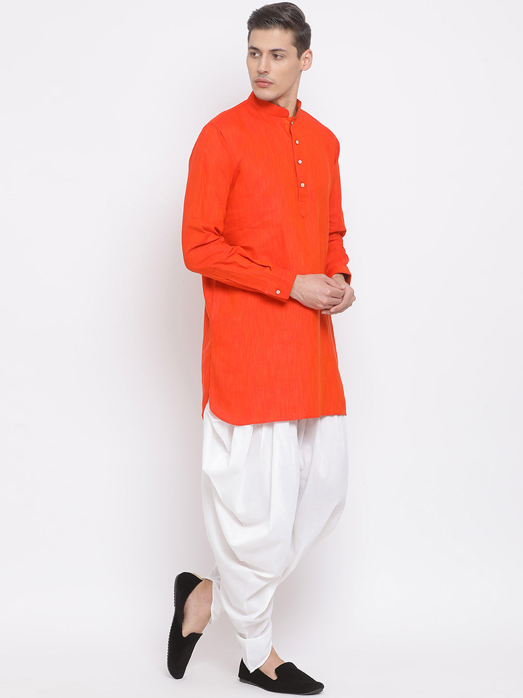 Sarvati Men's Red Cotton Blend Kurta and White Dhoti Set