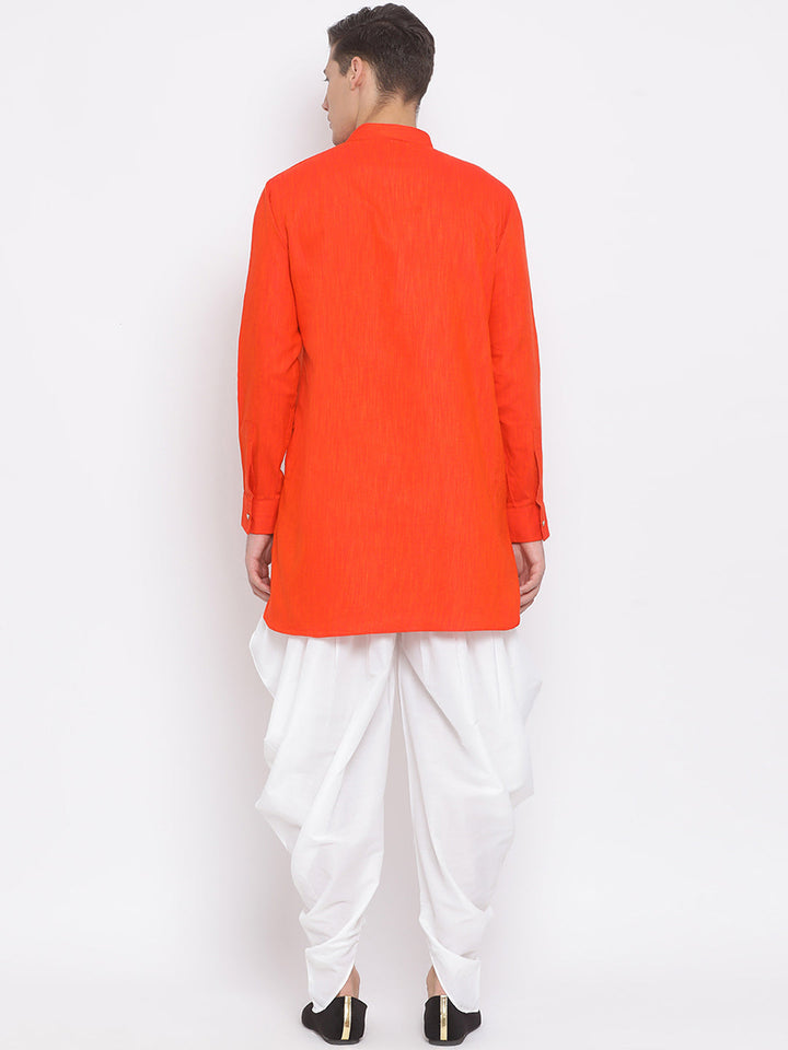 Sarvati Men's Red Cotton Blend Kurta and White Dhoti Set