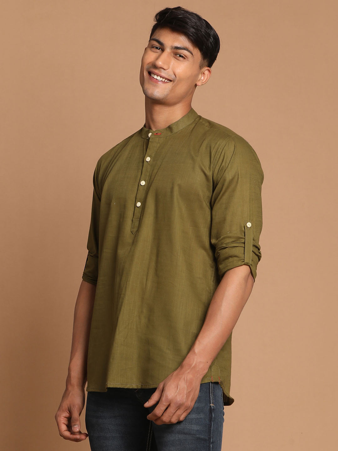 Men's Olive Green Short Cotton Kurta