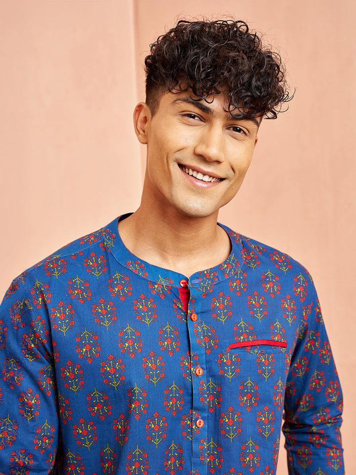 Men's Royal Blue Cotton Kurta Short Sleeve Band Collar Print