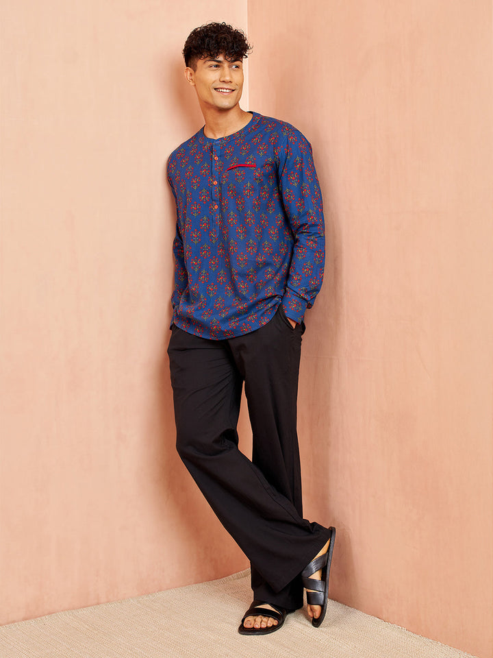 Men's Royal Blue Cotton Kurta Short Sleeve Band Collar Print