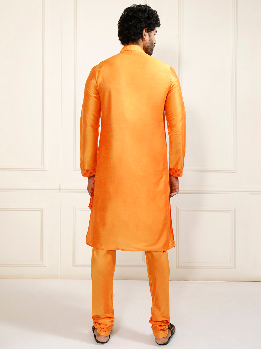 Sarvati Men's Orange Cotton Blend Kurta Pyjama Set