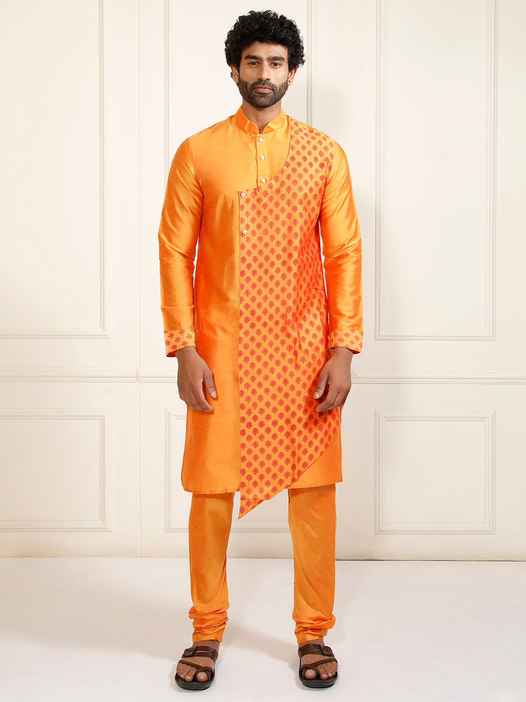 Sarvati Men's Orange Cotton Blend Kurta Pyjama Set