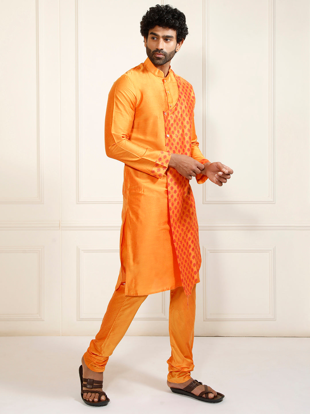 Sarvati Men's Orange Cotton Blend Kurta Pyjama Set