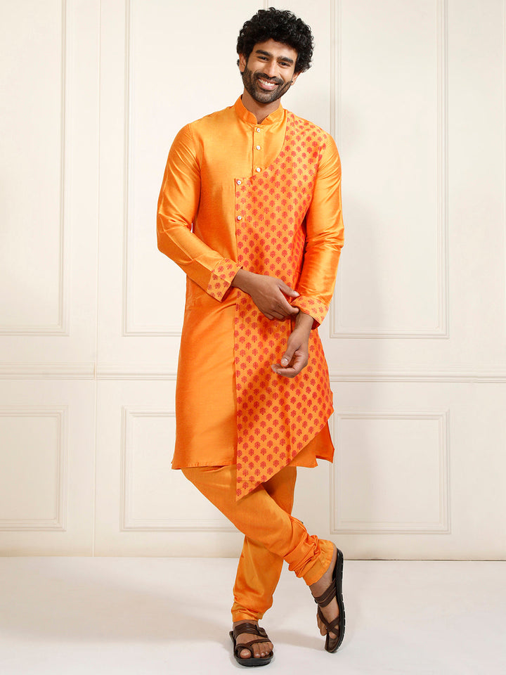 Sarvati Men's Orange Cotton Blend Kurta Pyjama Set