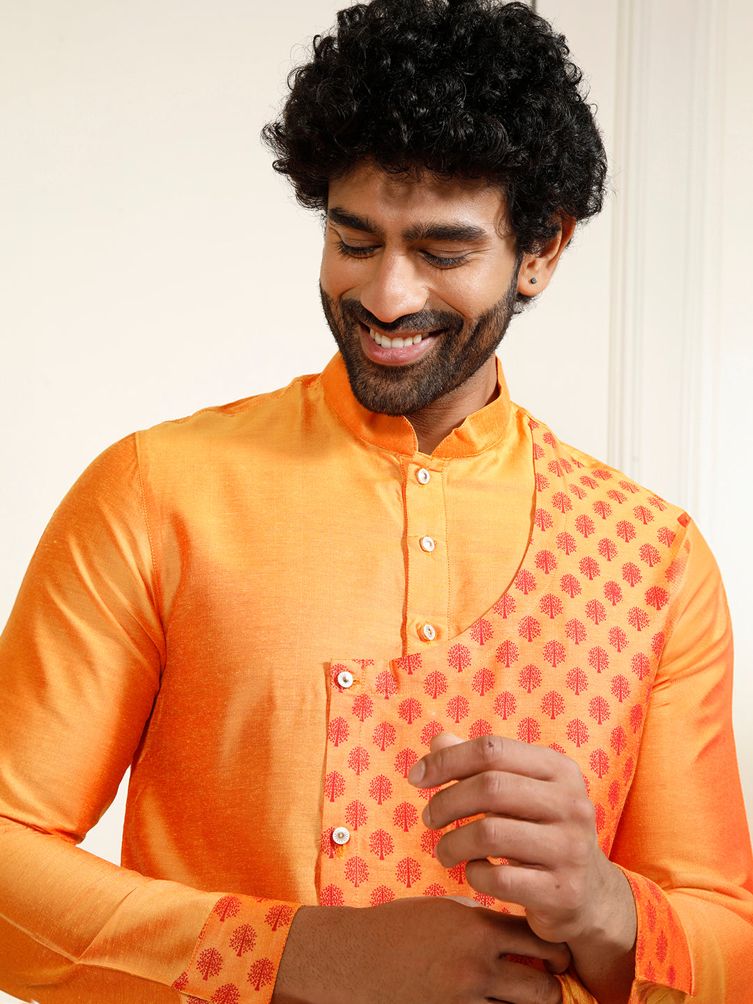 Sarvati Men's Orange Cotton Blend Kurta Pyjama Set