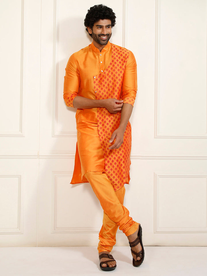 Sarvati Men's Orange Cotton Blend Kurta Pyjama Set