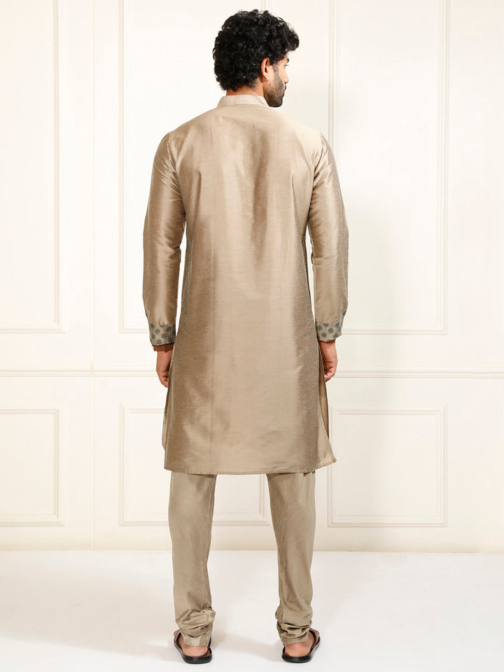 Sarvati Men's Copper-toned Cotton Silk Blend Kurta and Churidar Set