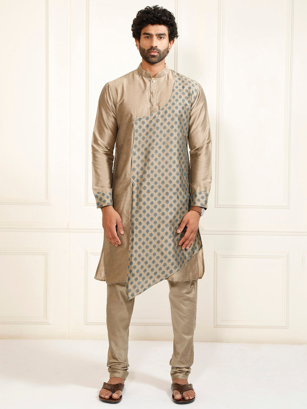 Sarvati Men's Copper-toned Cotton Silk Blend Kurta and Churidar Set