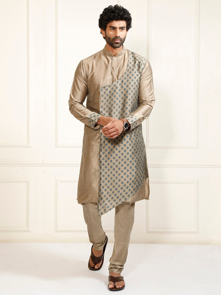 Sarvati Men's Copper-toned Cotton Silk Blend Kurta and Churidar Set