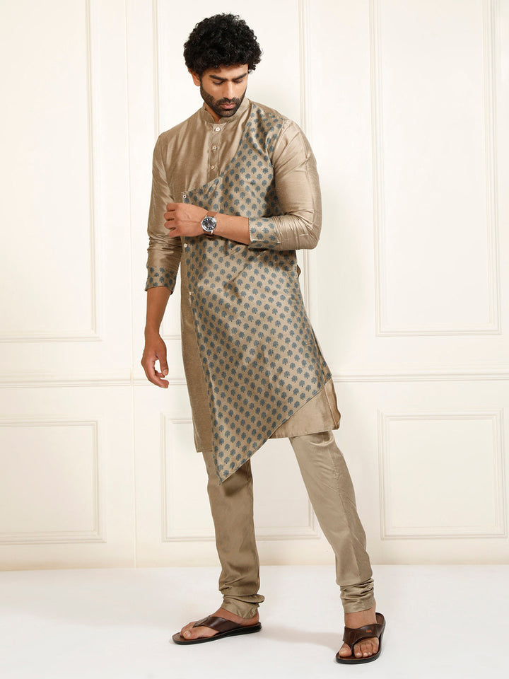 Sarvati Men's Copper-toned Cotton Silk Blend Kurta and Churidar Set