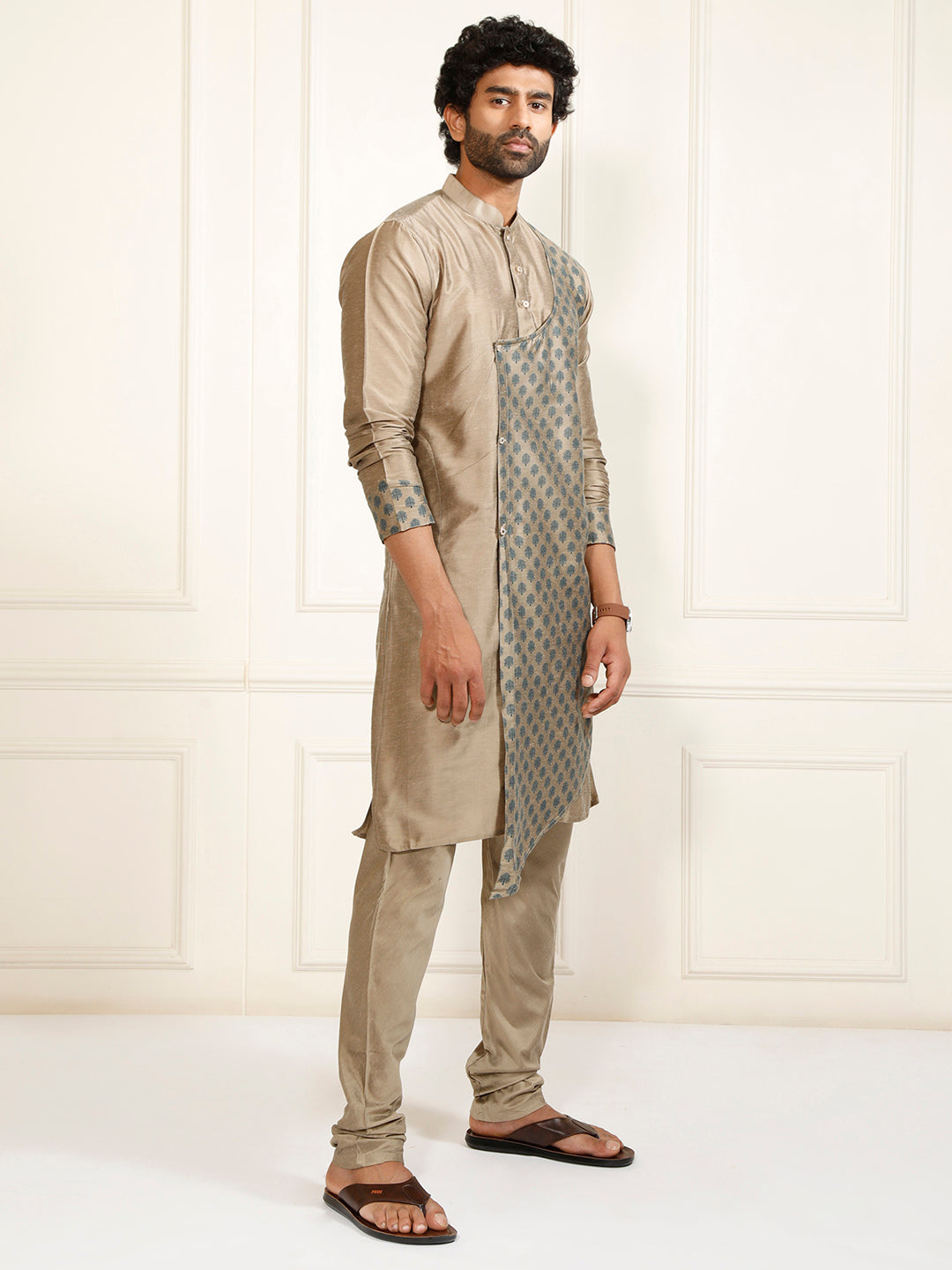 Sarvati Men's Copper-toned Cotton Silk Blend Kurta and Churidar Set