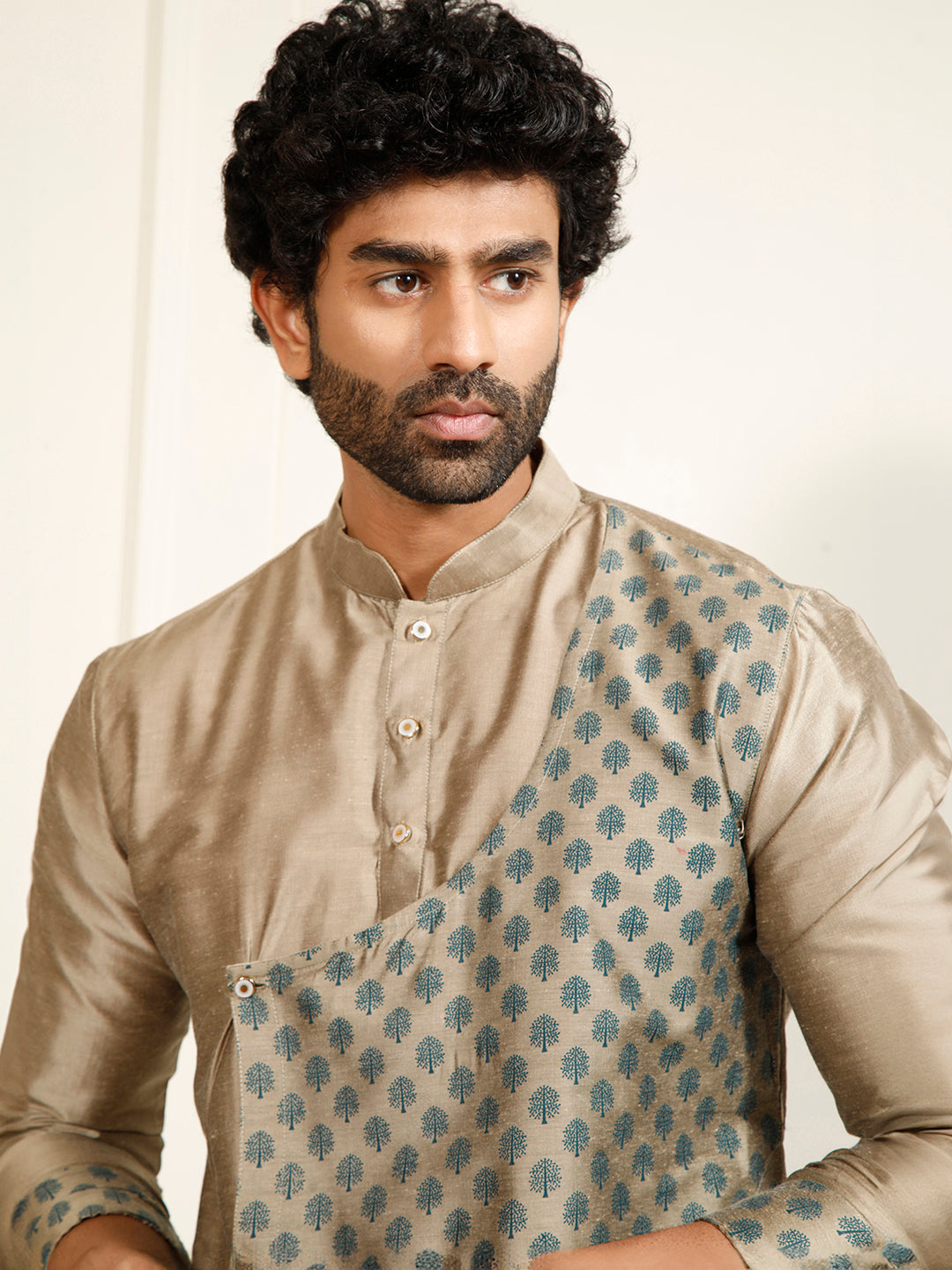 Sarvati Men's Copper-toned Cotton Silk Blend Kurta and Churidar Set