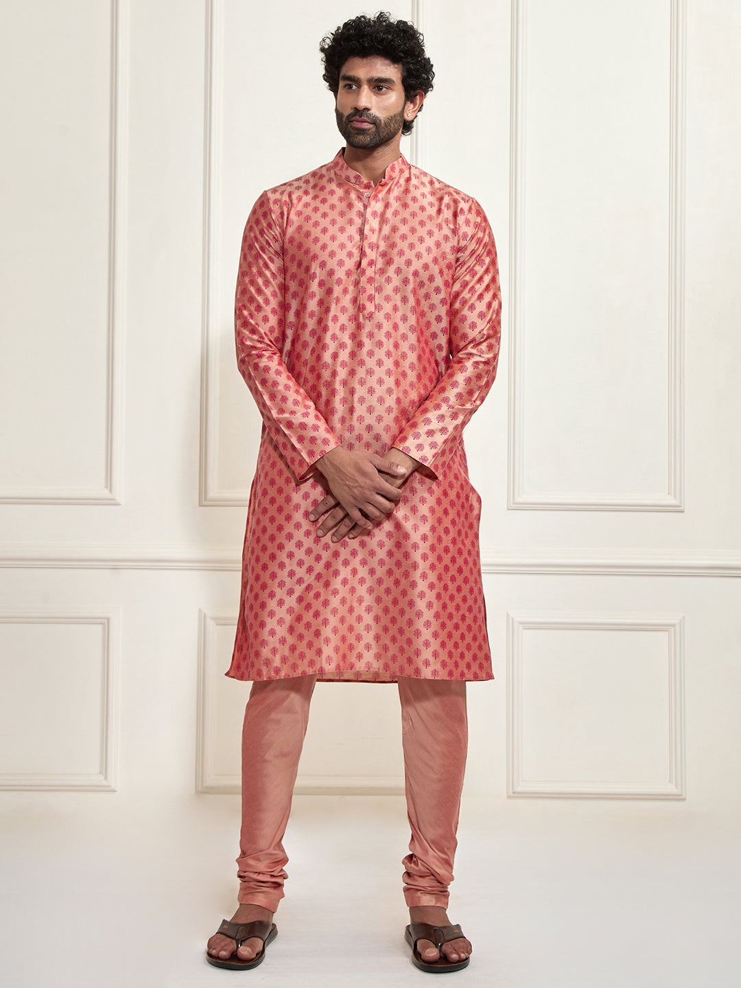 Men's Pink Cotton Silk Blend Kurta