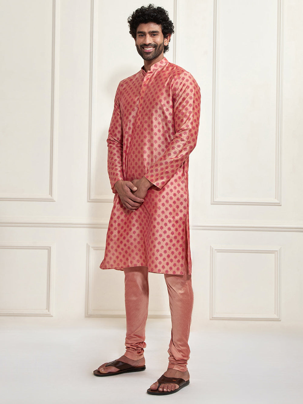 Men's Pink Cotton Silk Blend Kurta