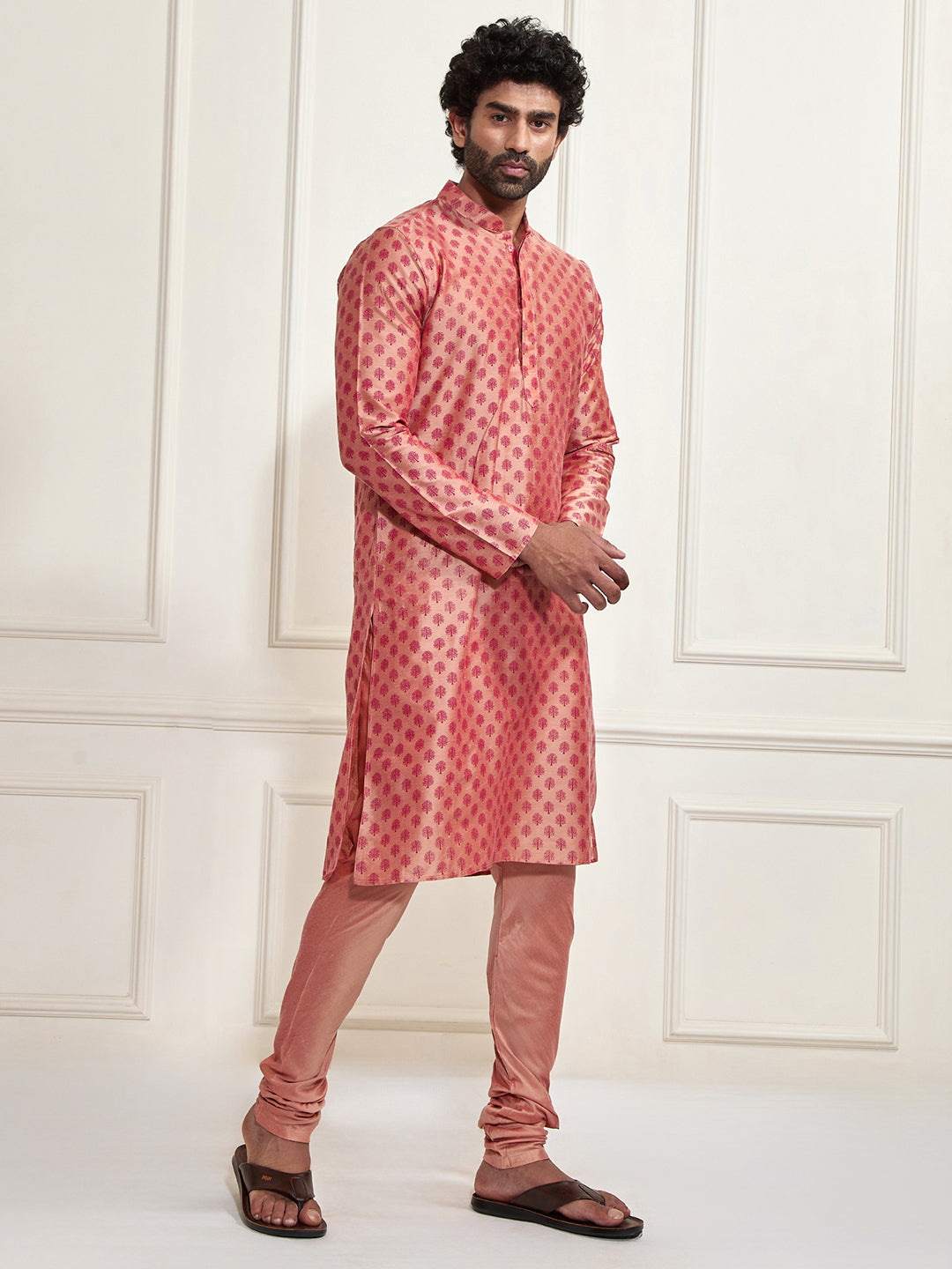 Men's Pink Cotton Silk Blend Kurta