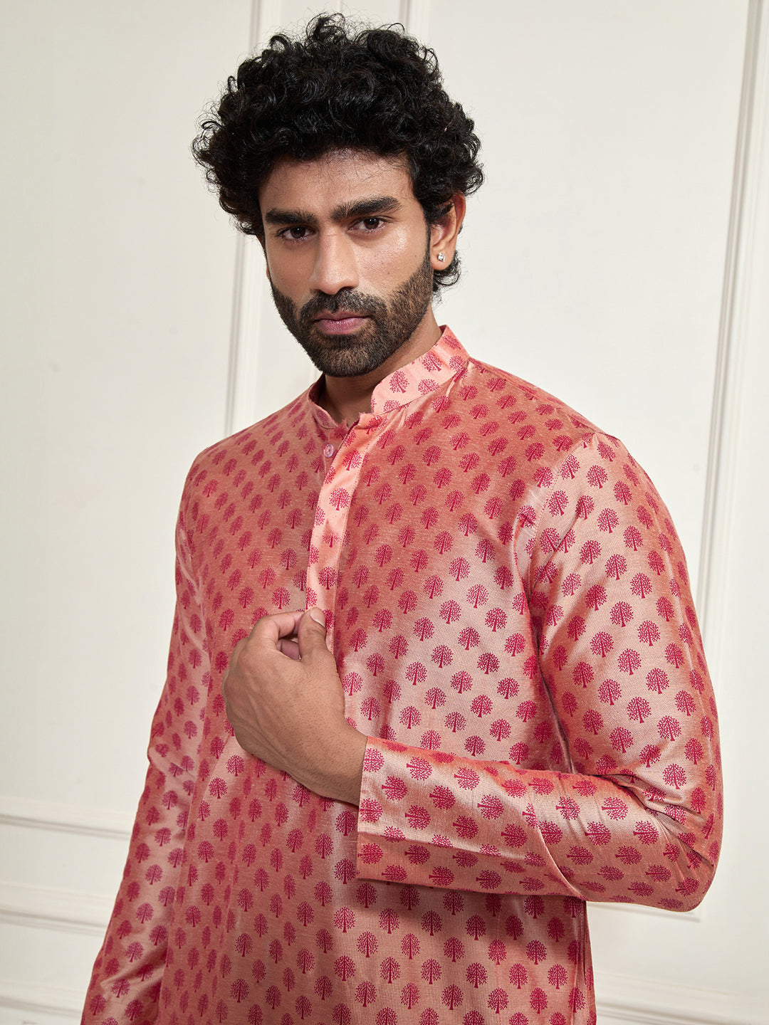 Men's Pink Cotton Silk Blend Kurta