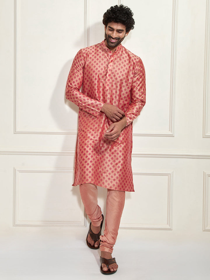 Men's Pink Cotton Silk Blend Kurta