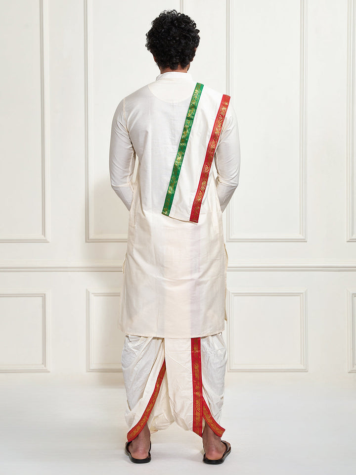 Sarvati Men's Cream Cotton Blend Kurta Dhoti And Dupatta Set