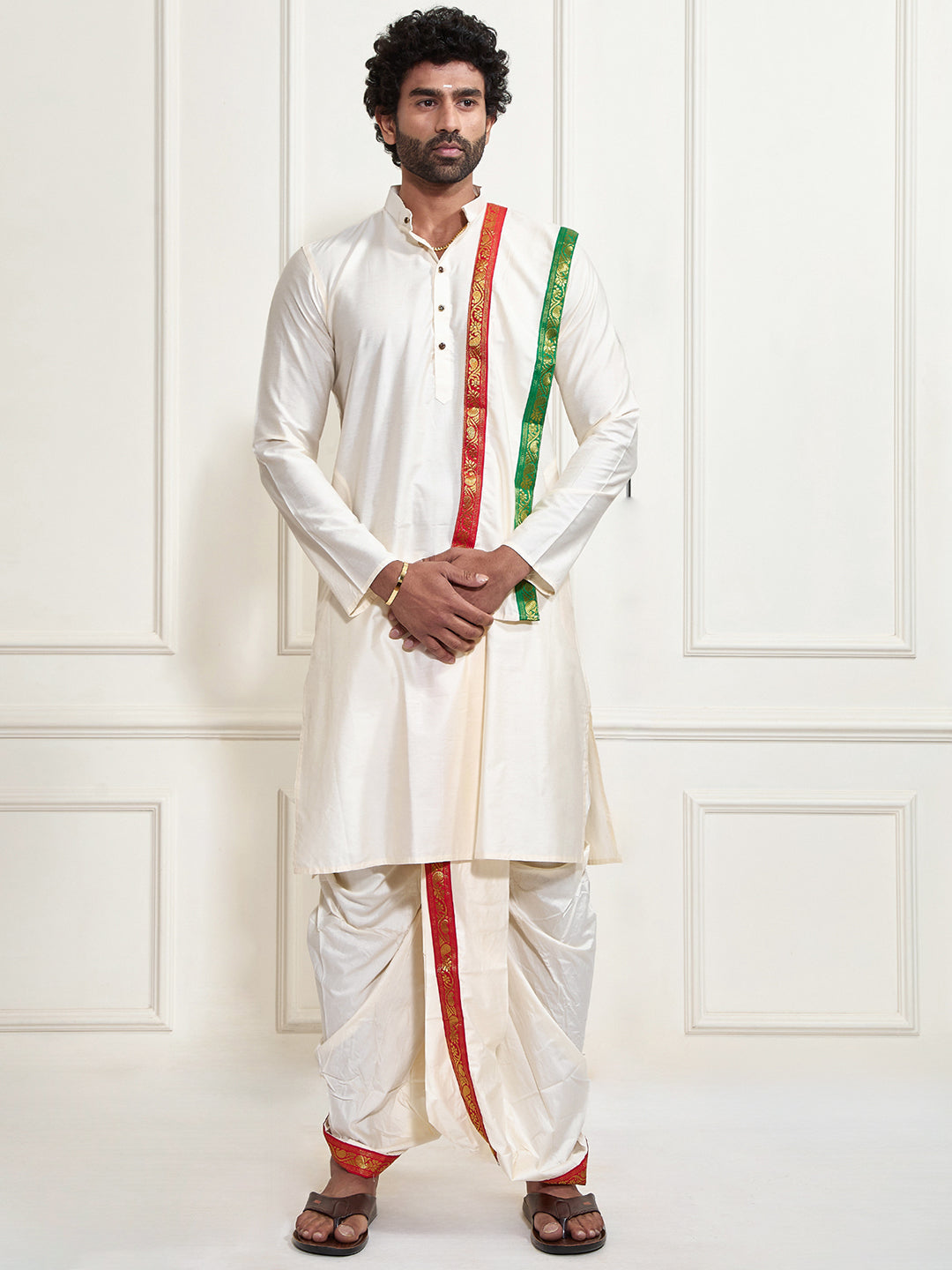 Sarvati Men's Cream Cotton Blend Kurta Dhoti And Dupatta Set