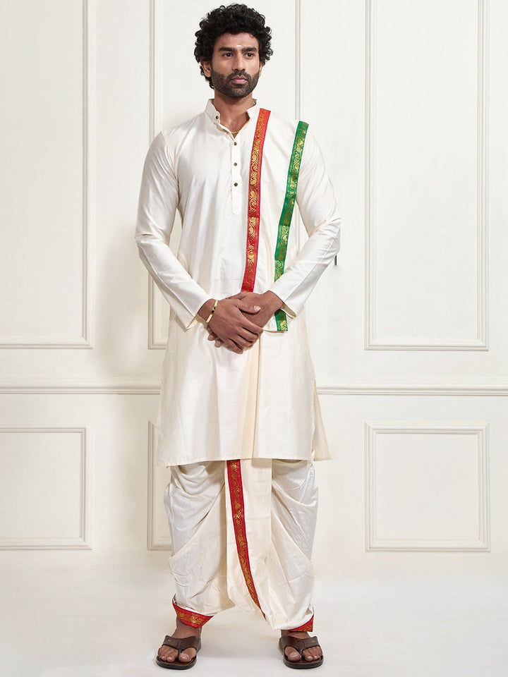 Sarvati Men's Cream Cotton Blend Kurta Dhoti And Dupatta Set