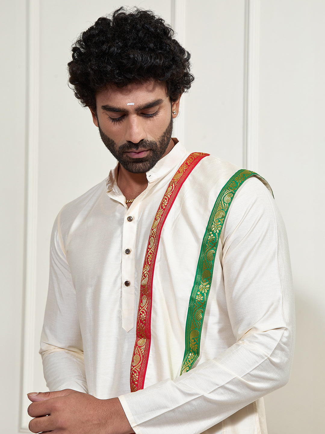 Sarvati Men's Cream Cotton Blend Kurta Dhoti And Dupatta Set
