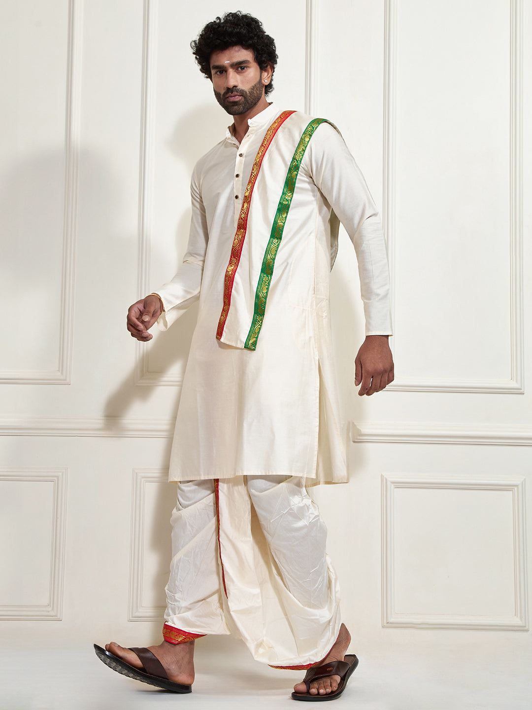 Men's Cream Cotton Blend Kurta Dhoti And Dupatta Set