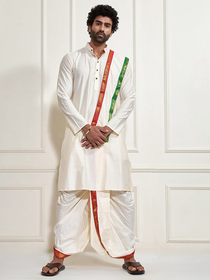 Sarvati Men's Cream Cotton Blend Kurta Dhoti And Dupatta Set